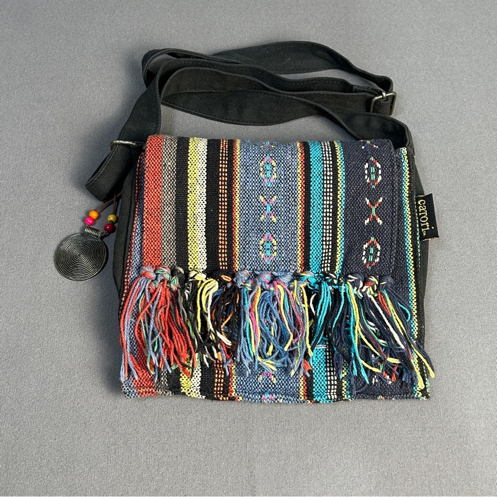 Catori Multicolor Handwoven Fringe Crossbody Flap Bag With Charm Boho Hippie EUC
